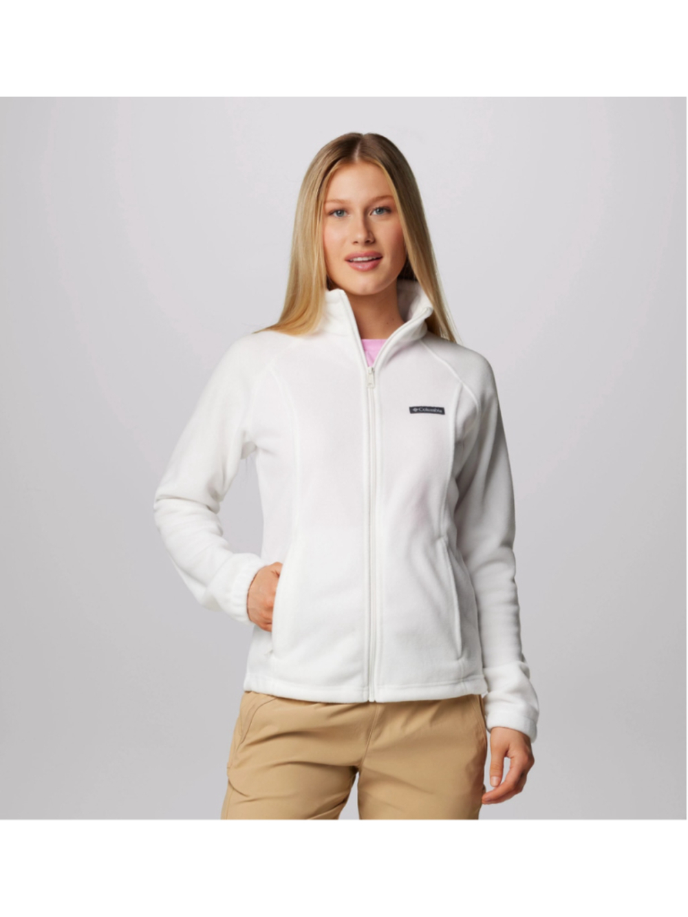 Columbia Women’s White Fleece Jacket Full Zip Hiking Outdoors Cozy Minimalist